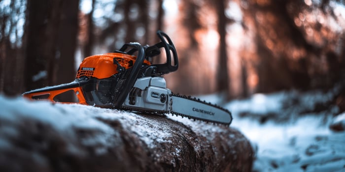 The chainsaw resting on a snow-covered log in a tranquil forest setting. photo