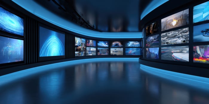 The futuristic gallery showcasing digital media on sleek screens. photo