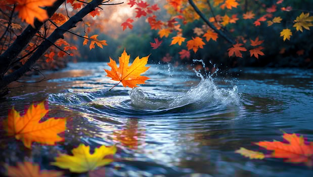 Autumn Leaf Falling Into Stream Creating Splashes in the Water photo
