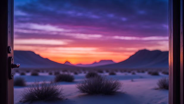 Door Opening Onto Desert Landscape at Sunset with Vibrant Purple Sky photo