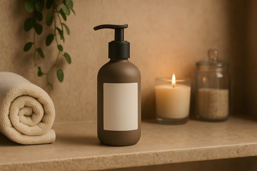 Bathroom Lotion Dispenser with Candle and Towels for Relaxation photo