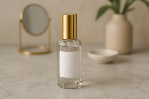 Glass Perfume Bottle with Gold Cap on Marble Surface photo