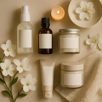 Skincare Products with Flowers and Candle for Relaxation photo