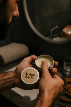 Man Applying Beard Balm in Bathroom Mirror photo