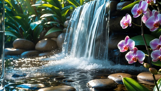 Cascading Waterfall with Lush Greenery and Exotic Orchids in a Garden photo