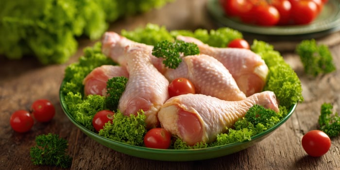 The delicious chicken drumsticks garnished with fresh greens and ripe tomatoes. photo