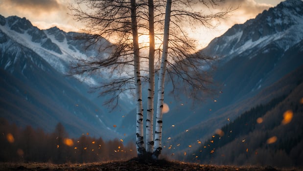 Birch Trees Stand Tall in Mountain Valley with Falling Leaves photo