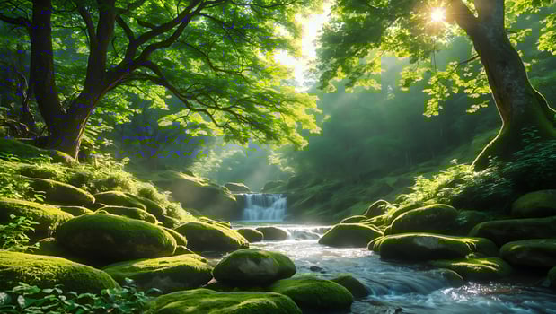 Flowing River with Mossy Rocks and Green Trees in Forest photo