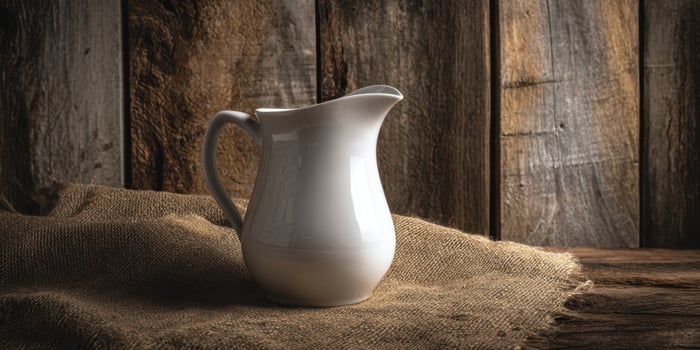 The elegant white pitcher placed on a burlap cloth against rustic wooden backdrop. photo