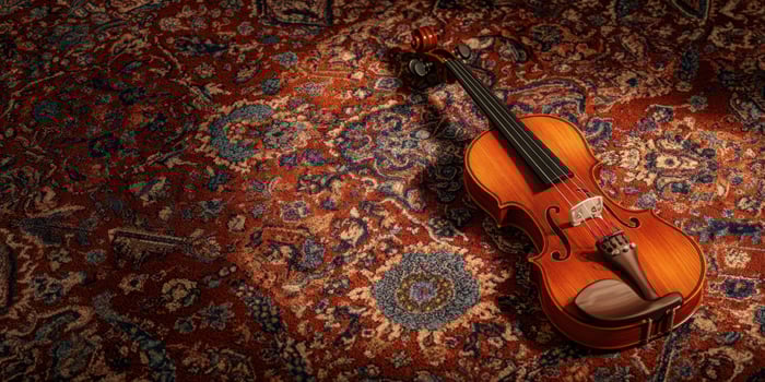 The Violin Resting Gracefully on an Ornate Rug photo