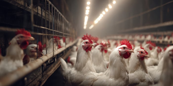 The chickens in a bustling poultry barn under warm lights photo