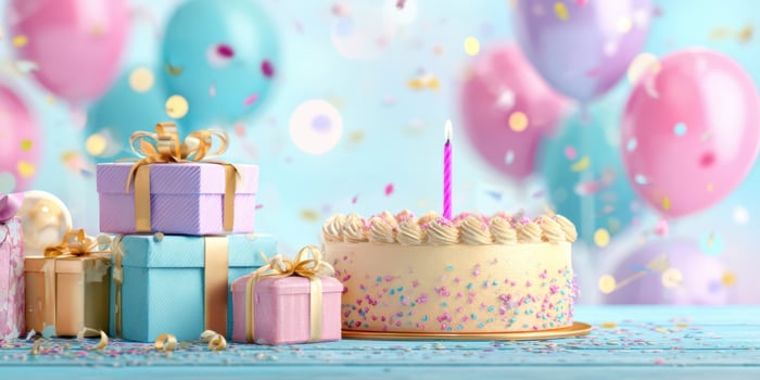 The colorful birthday cake and presents create a festive celebration atmosphere. photo