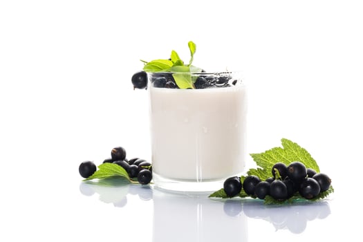 Blackcurrant with homemade yogurt on white background. photo