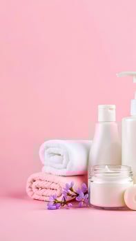 Spa and Wellness Still Life with Towels Lotion and Flowers on Pink Background Promoting Relaxation and Self Care Beauty Products photo