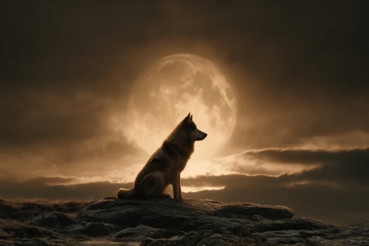 A dog sitting on a rock in front of a full moon photo