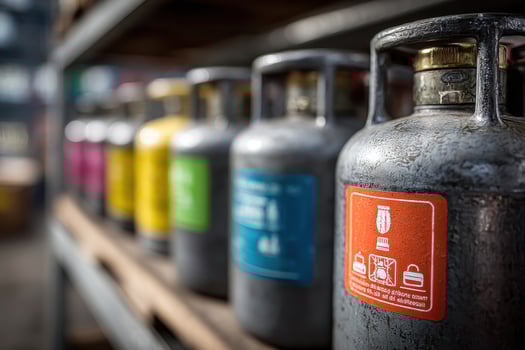 A row of gas bottles with labels on them photo
