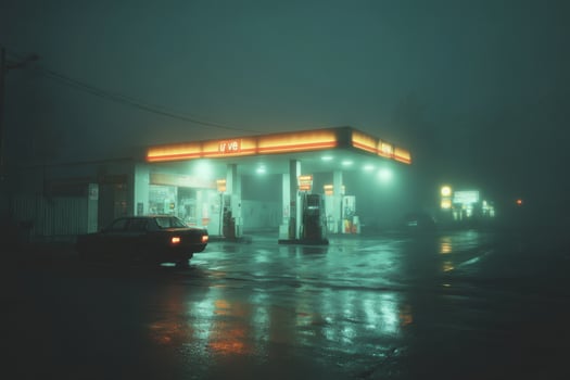 A gas station in the fog with a car parked in front photo