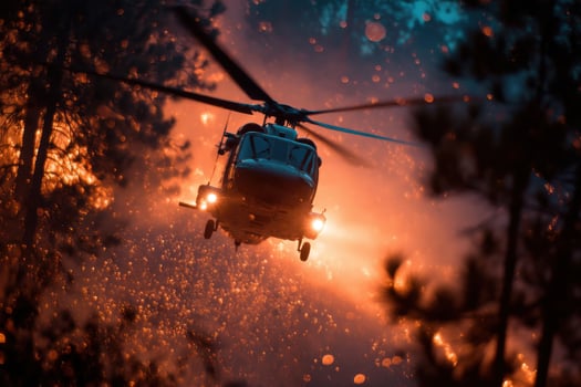 A helicopter flying over a forest fire photo