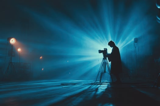 A man standing in front of a camera with lights photo