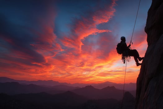 A climber on a rock wall at sunset photo