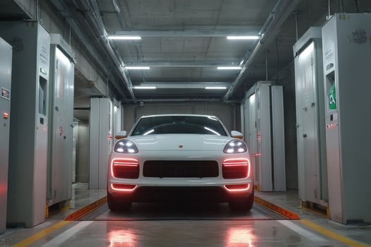 A white porsche suv is parked in a garage photo