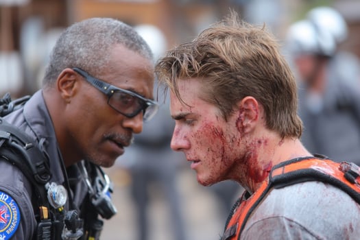 A man with blood on his face is talking to another man photo