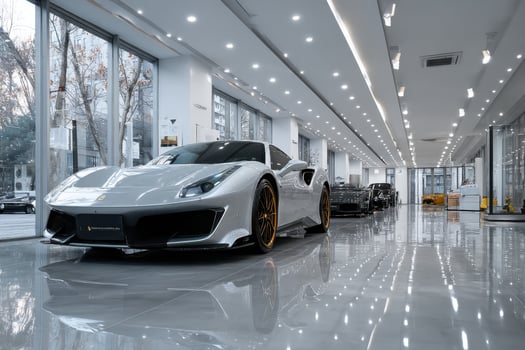 A white sports car is parked in a showroom photo