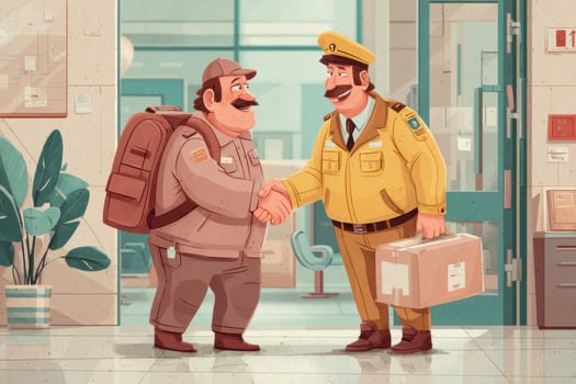 Cartoon delivery man and customer in the lobby of the post office photo