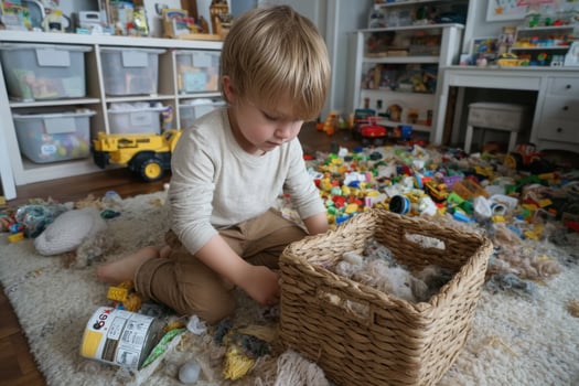 A young boy playing with toys in a messy room photo