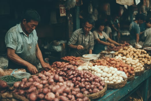 People are buying and selling vegetables at a market photo