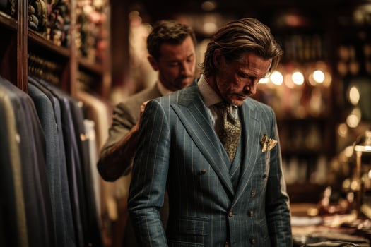 A man in a suit is looking at a suit photo