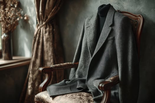 A jacket and a suit are sitting on a chair photo