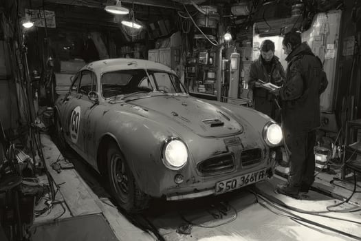 Two men are standing next to an old car in a garage photo