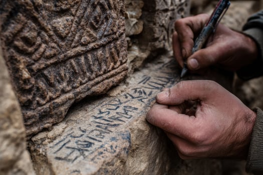 A man is writing on a stone wall with a pen photo