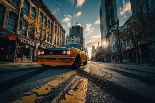 A classic car is driving down a city street photo