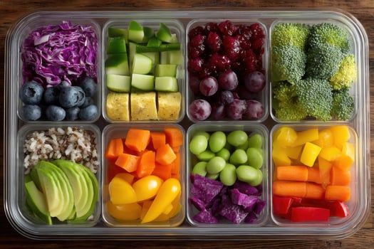 A plastic container filled with different types of fruits and vegetables photo
