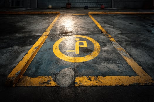 A parking lot with a yellow parking sign photo
