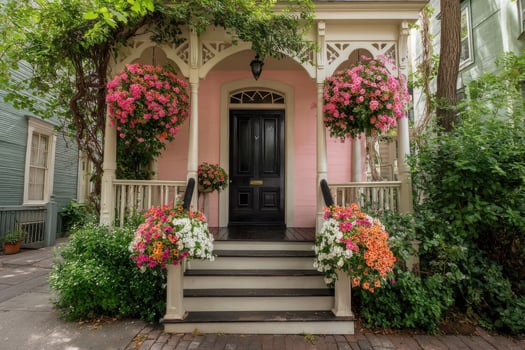 A pink house with flowers on the front steps photo
