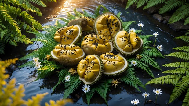 Durian Fruit Display with Ferns and Flowers by Gently Flowing Stream photo