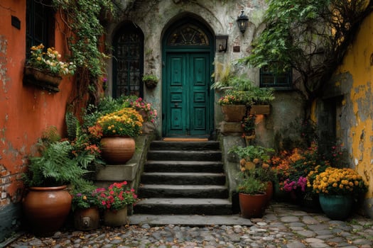 A narrow alley with a green door and potted plants photo