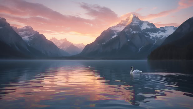 Swan Swimming on Mountain Lake Reflecting Pink Sunset Sky photo