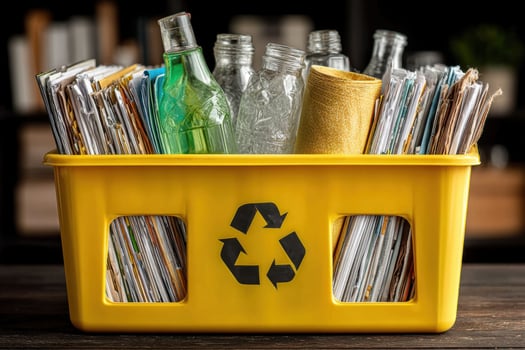 Recycling bin with bottles and paper on wooden table photo