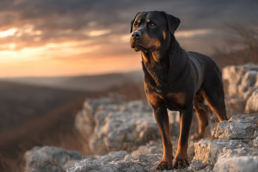 A rotweiler dog standing on a rock at sunset photo