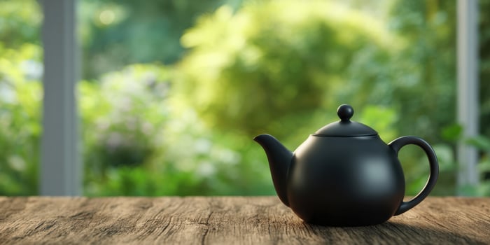 The elegant black teapot on a rustic wooden table in a serene garden setting. photo