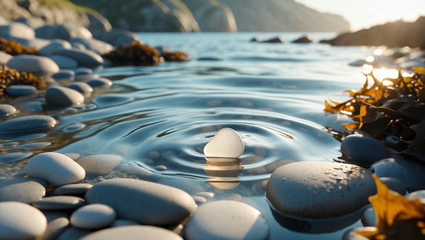Sea Glass Sparkling in Water on Pebble Beach with Ocean Backdrop photo