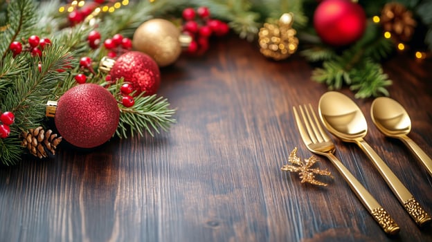 Festive Table Setting With Golden Cutlery and Holiday Decorations on Wooden Background. photo