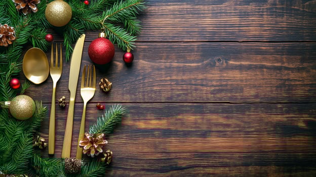 Festive Table Setting With Golden Cutlery and Holiday Decorations on Wooden Background photo
