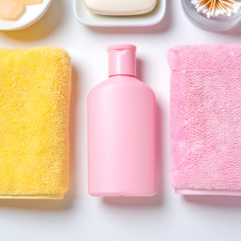 Top view flat lay of pink lotion bottle alongside yellow and pink towels with soap and cotton swabs on white background photo