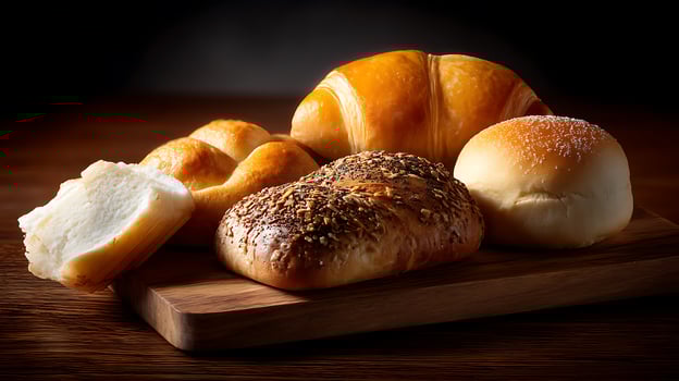 Fresh assorted breads displayed on a wooden board with a dark background. photo