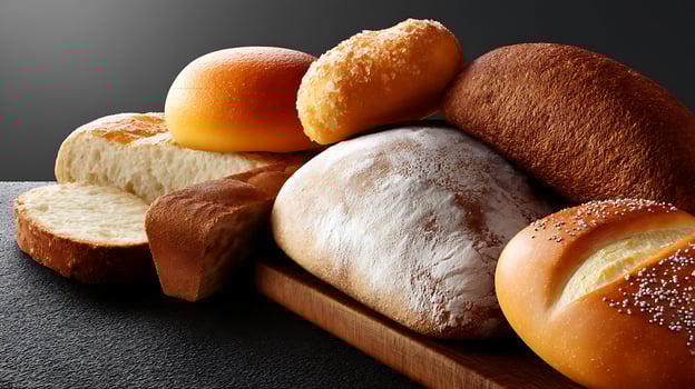 Assorted breads beautifully arranged on a rustic wooden board surface photo